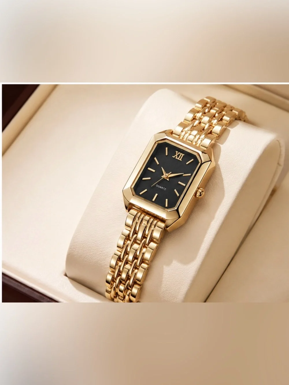 Vintage Gold Rectangle Watch | Minimalist Black Dial Quartz Wristwatch